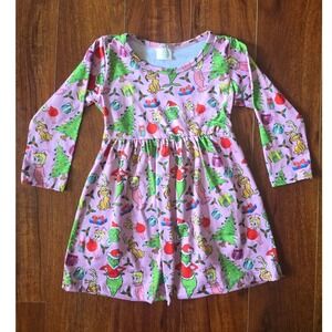 Pink Grinch Christmas Dress Toddler Girls Size 2T Long Sleeve Holiday Skater